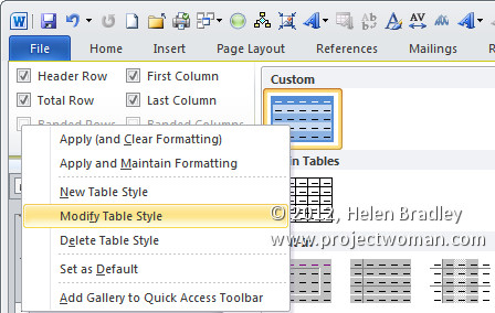 Modify a custom table style