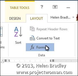 table tools formula option in Word 2013