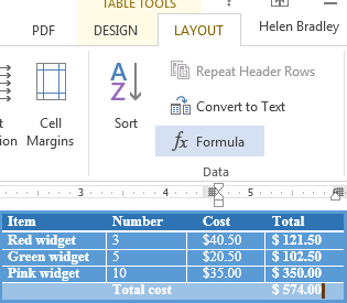 table math in Word 2013 