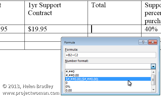 adding values in a Word table