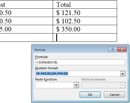 sum a column of cells in a Word 2013 table