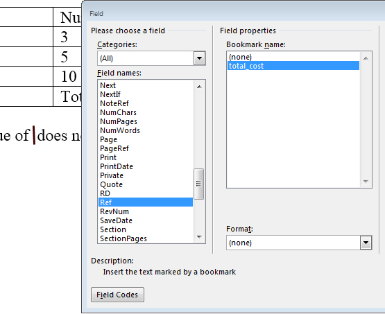 bookmark a table formula in Word