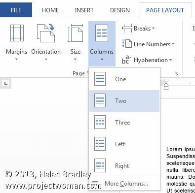 The columns dialog lets you configure the number and width of columns in your document