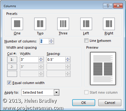 word columns dialog box