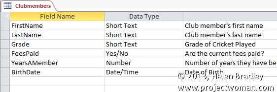 create a table design in Access