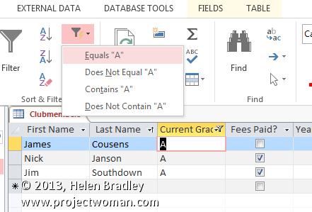 filter data in an Access table, filter by selection