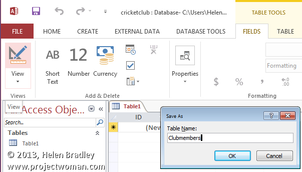 create a table in Access Design view