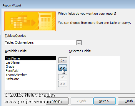 access report wizard choose a table