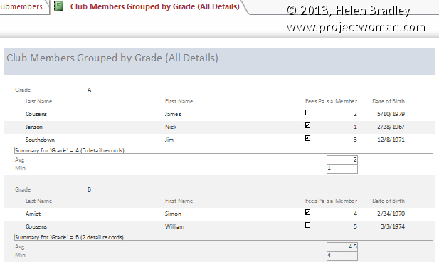 Grouped report in access 2013