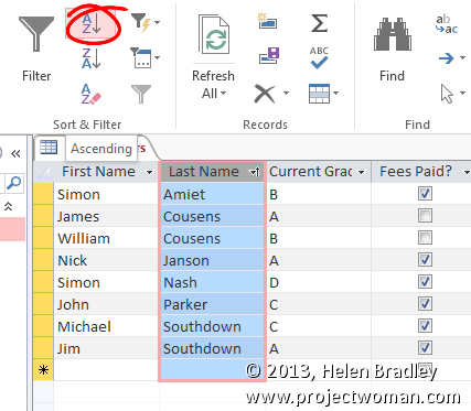 sort data in an Access table